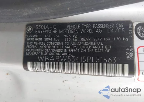 2005 BMW 330Ci из США, поврежденный, VIN WBABW53415PL51563